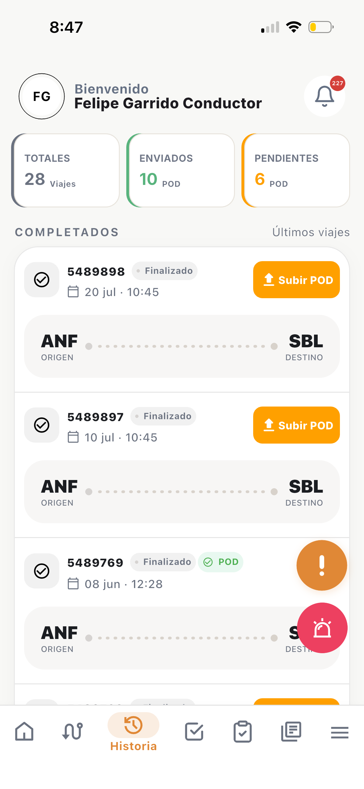 Historial y carga de POD